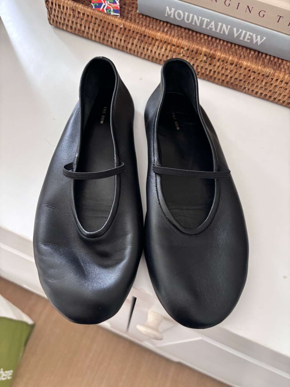 The Row Black Leather Mary Jane Ballet Flats